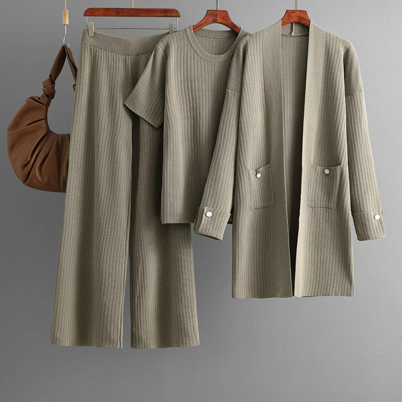 Cashmere Blend Ribbed Knit 3-Piece Set