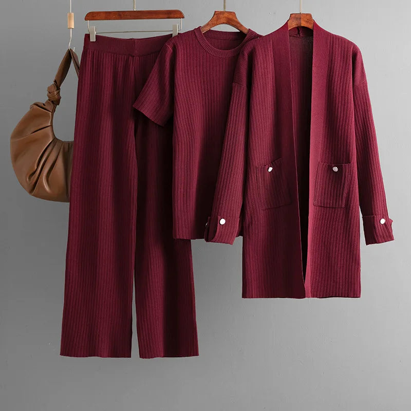 Cashmere Blend Ribbed Knit 3-Piece Set
