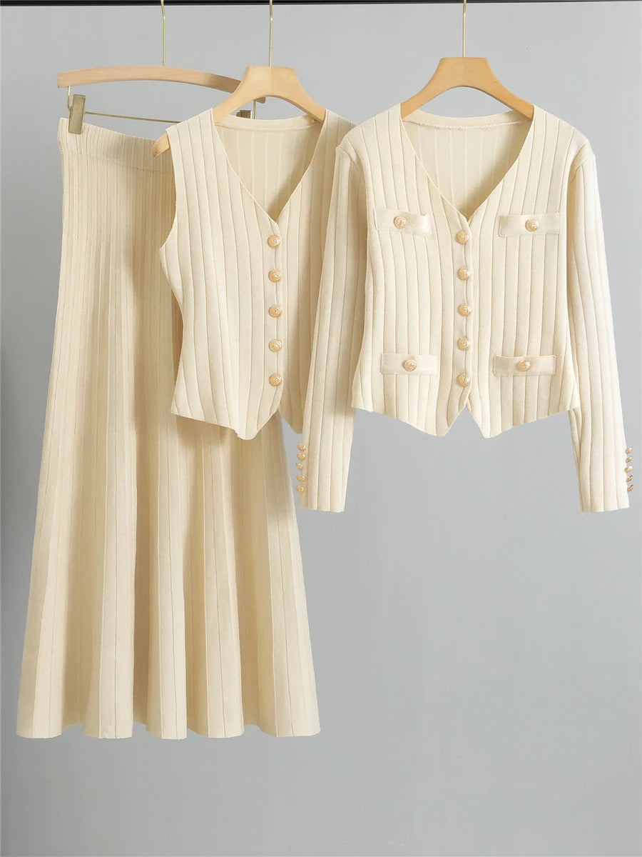 Cashmere Blend Ribbed Knit Skirt 3-Piece Suit