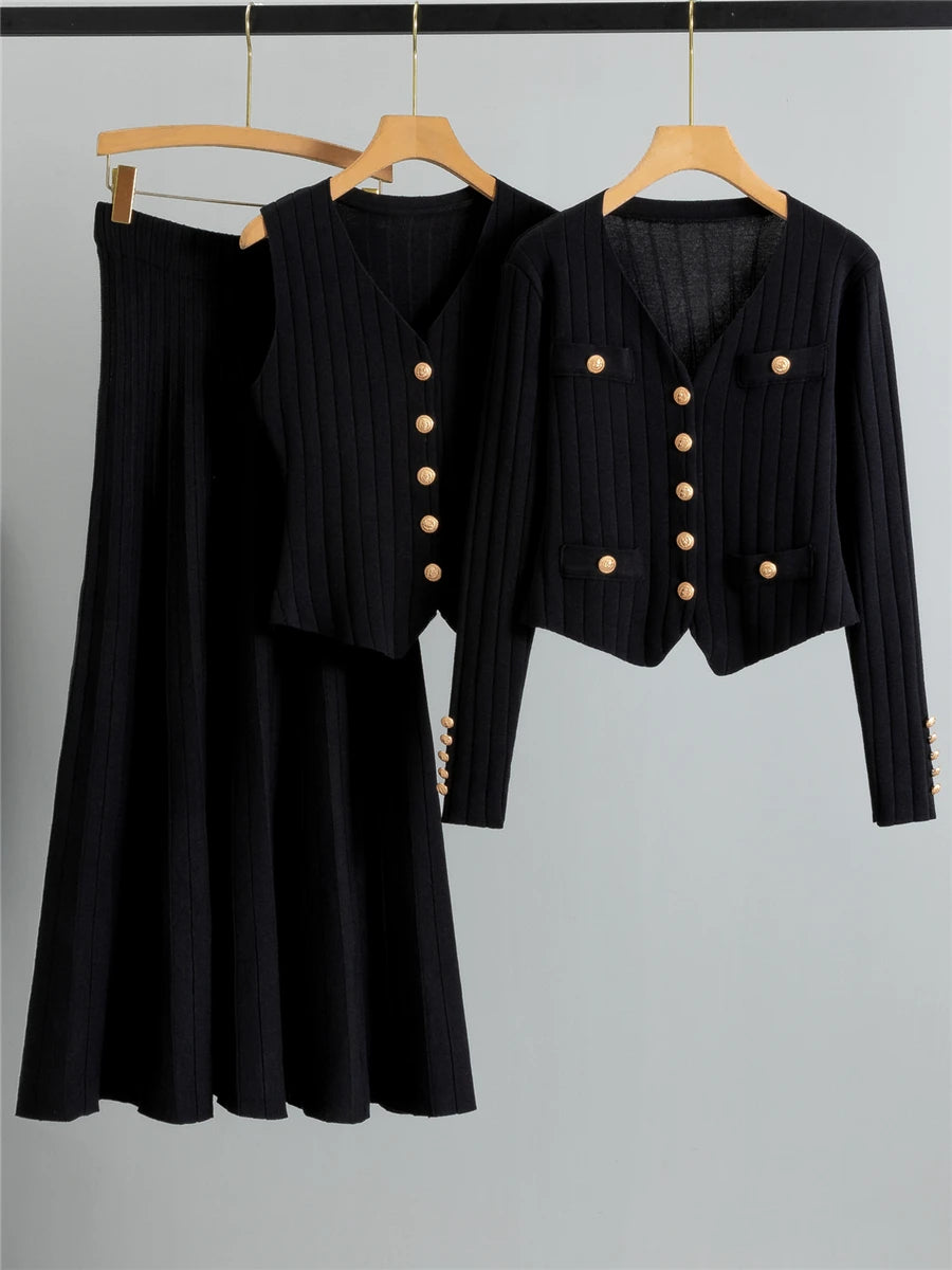 Cashmere Blend Ribbed Knit Skirt 3-Piece Suit