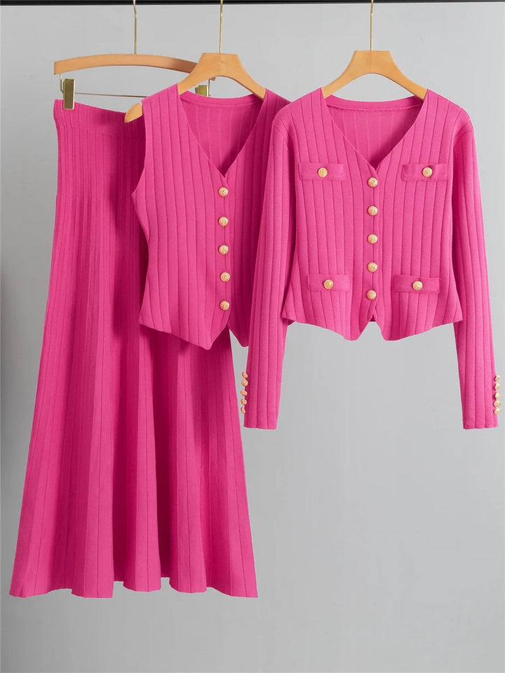 Cashmere Blend Ribbed Knit Skirt 3-Piece Suit