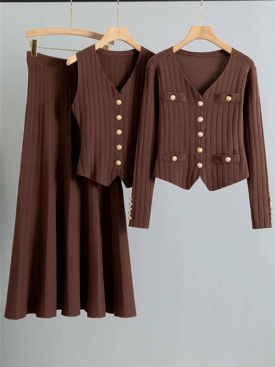 Cashmere Blend Ribbed Knit Skirt 3-Piece Suit