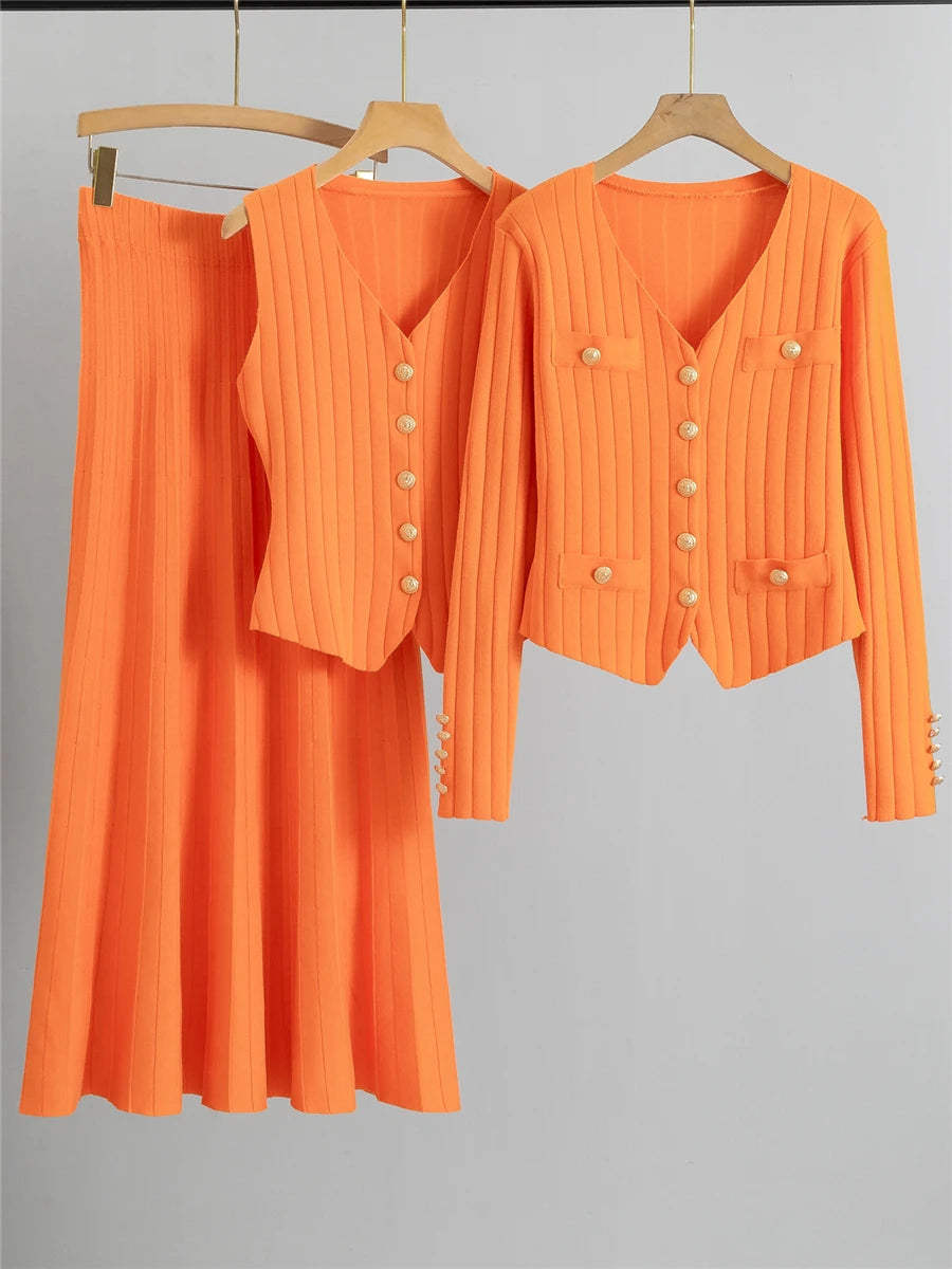 Cashmere Blend Ribbed Knit Skirt 3-Piece Suit