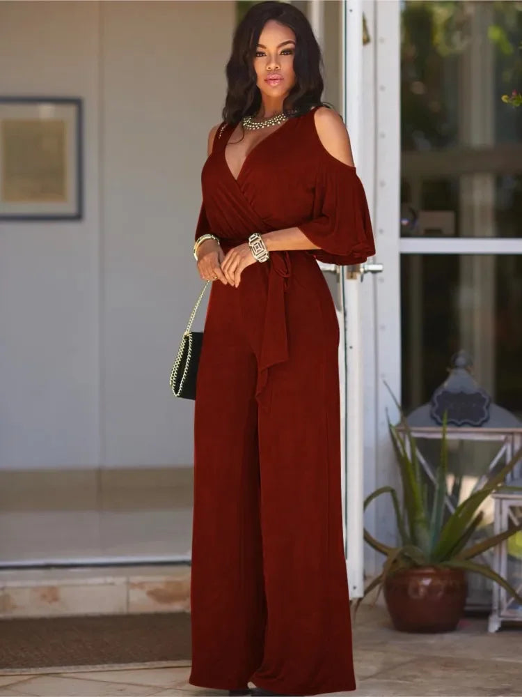 Elegant Wide Leg Deep V Neck Jumpsuit