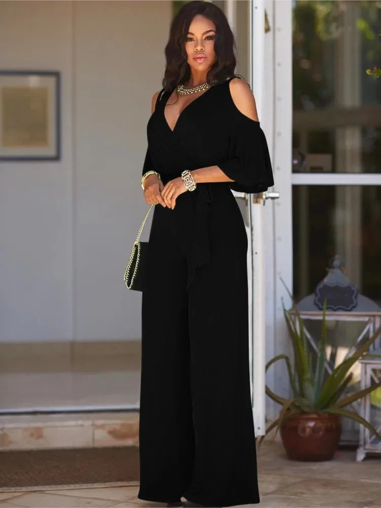 Elegant Wide Leg Deep V Neck Jumpsuit