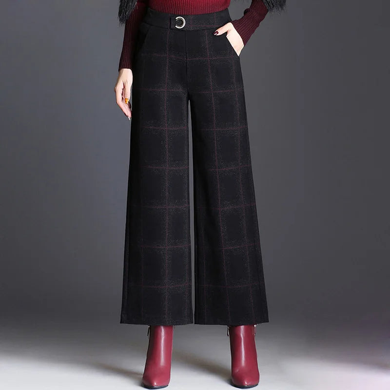 Plaid Wide-Leg High-Waist Tailored Trousers