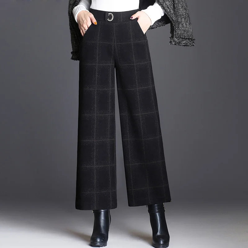 Plaid Wide-Leg High-Waist Tailored Trousers