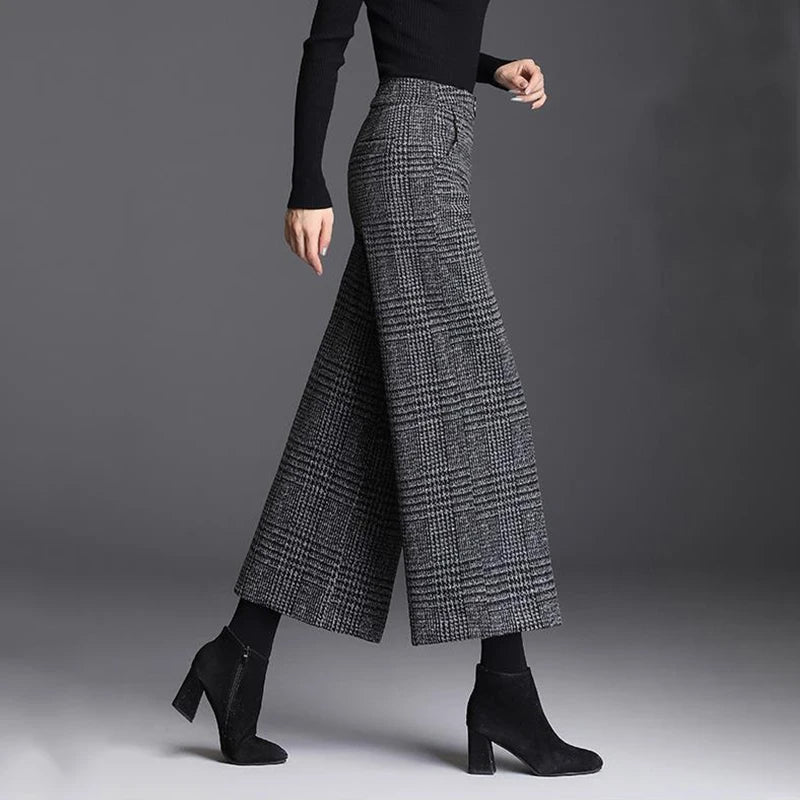 Plaid Wide-Leg High-Waist Tailored Trousers