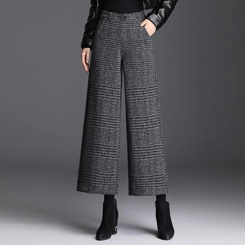 Plaid Wide-Leg High-Waist Tailored Trousers