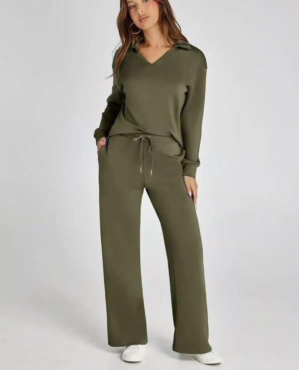 Two-Piece Set V-Neck Sweatshirt Elastic Trousers