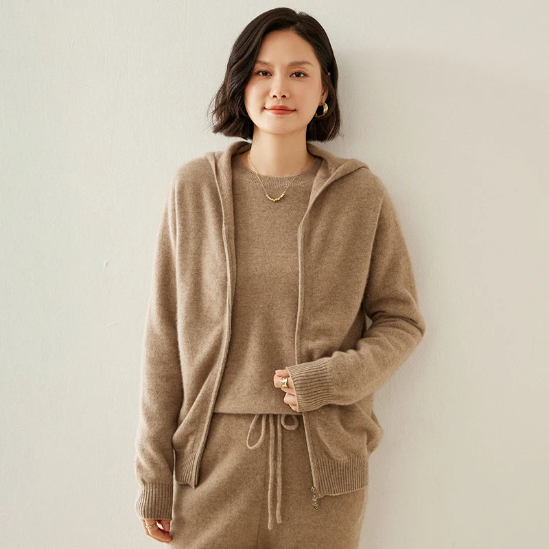 トップス hideaways layered hoodie cardigan Vera | Women's Cashmere Knit Zip Hoodie Cardigan – Vera Mode