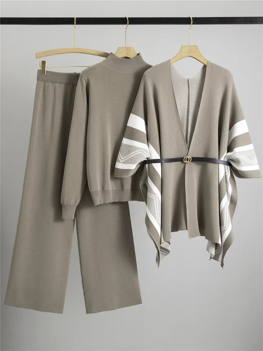 Women's Cashmere Blend Knit Poncho 3-Piece Set