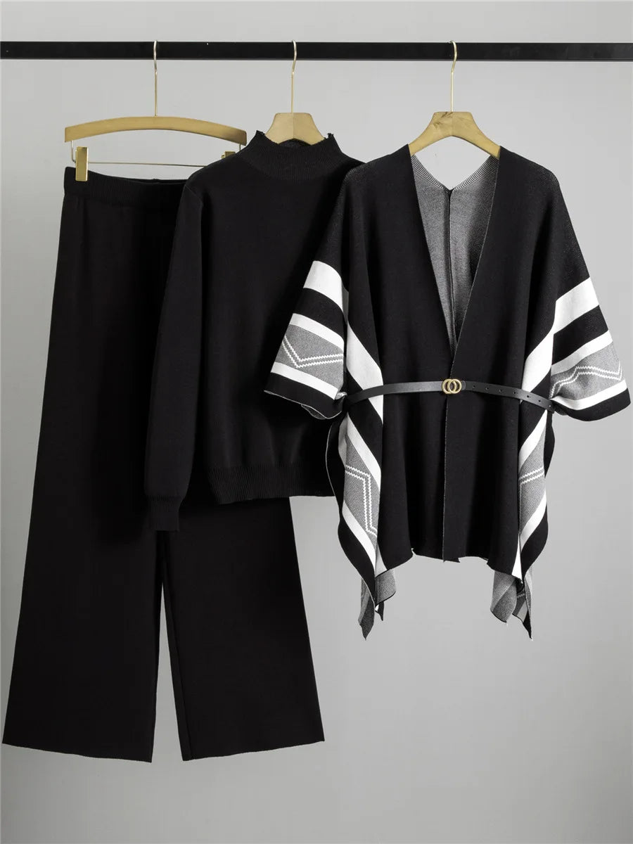 Women's Cashmere Blend Knit Poncho 3-Piece Set