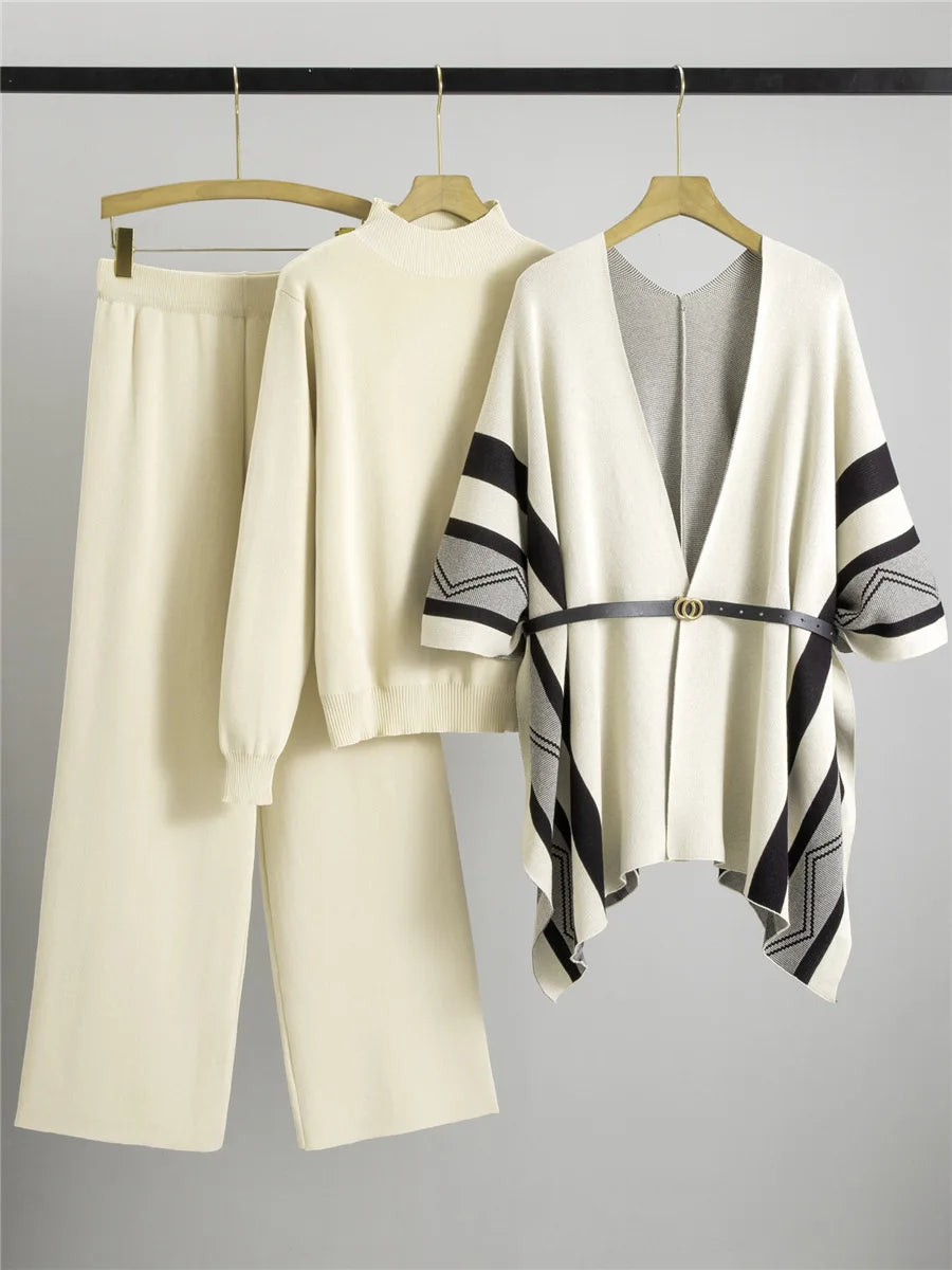 Women's Cashmere Blend Knit Poncho 3-Piece Set