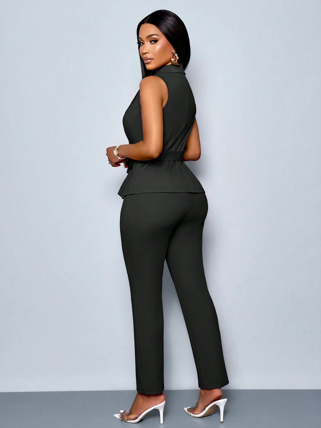 Women's Suit Collar Sleeveless Two Pieces Set