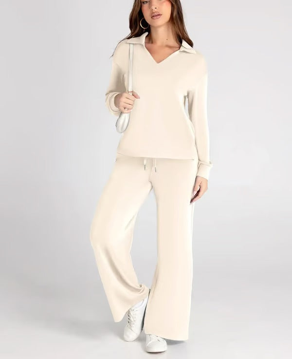 Two-Piece Set V-Neck Sweatshirt Elastic Trousers