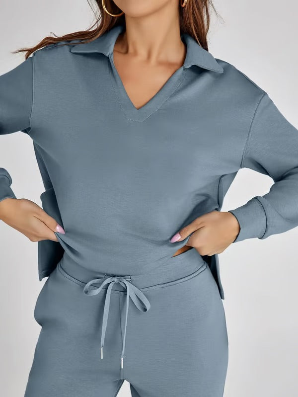 Two-Piece Set V-Neck Sweatshirt Elastic Trousers