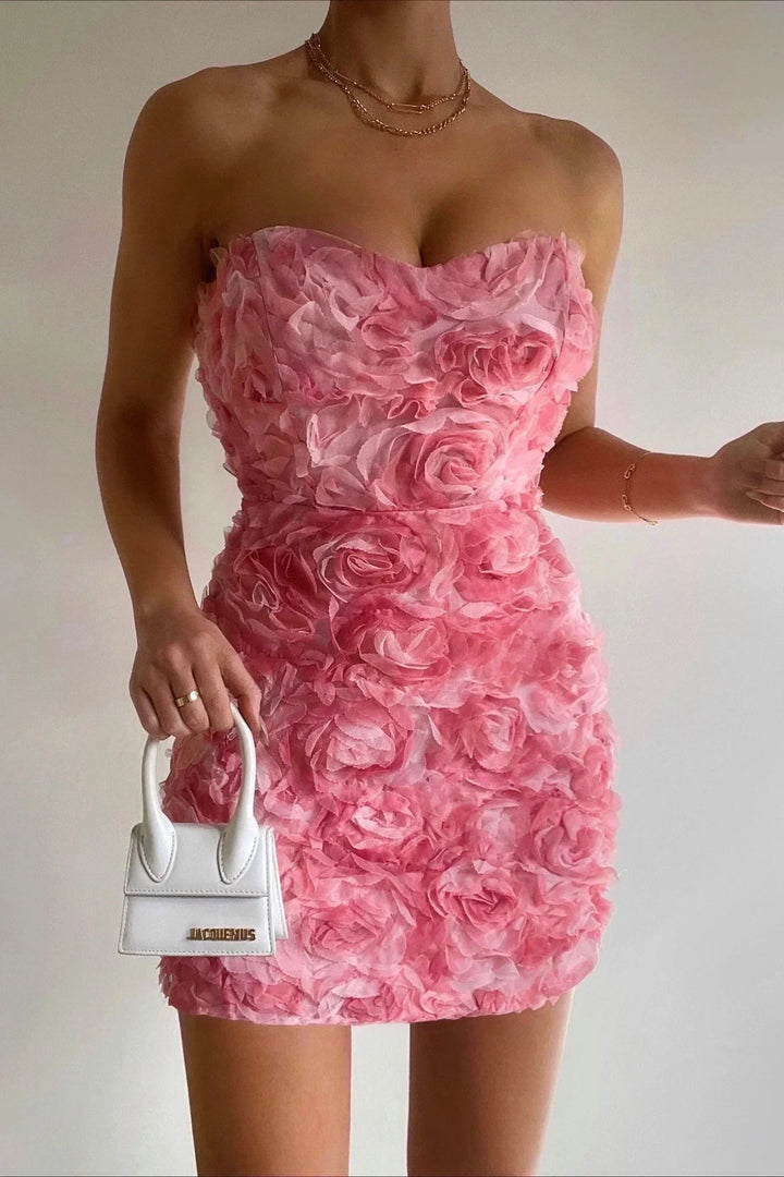 Strapless 3D Floral Appliqué Mini Dress