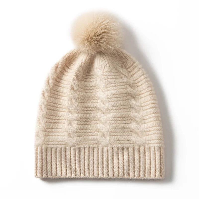 Cable Knit Cashmere Pom Pom Beanie