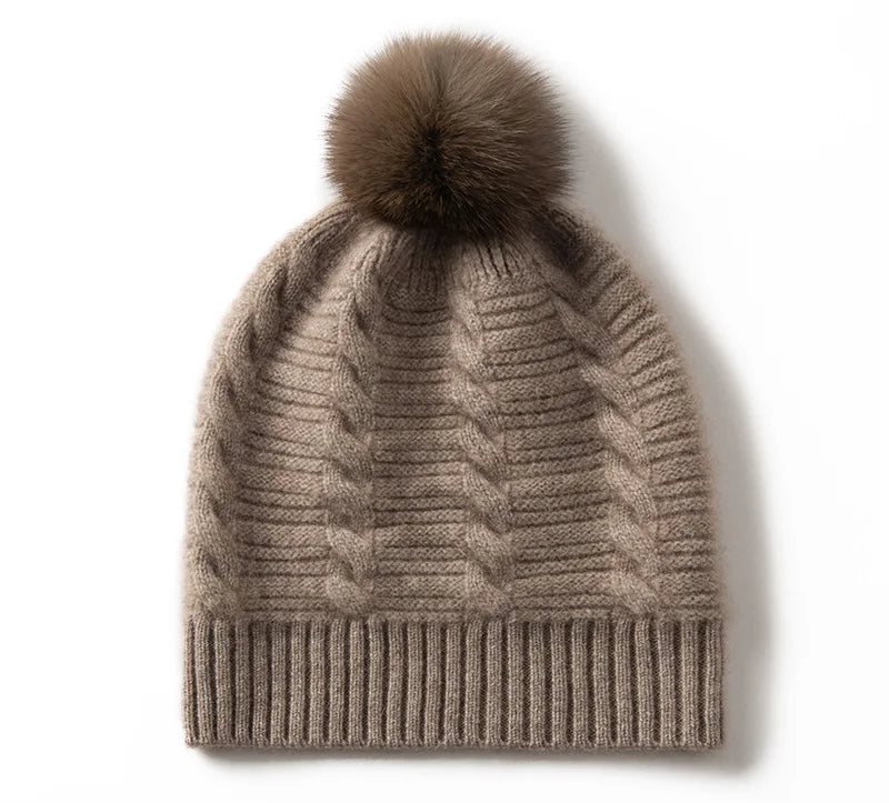 Cable Knit Cashmere Pom Pom Beanie