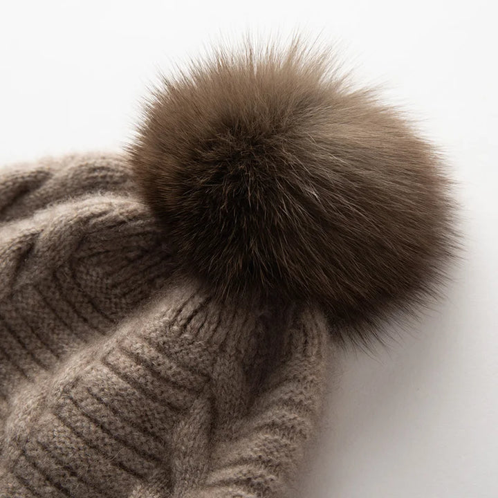 Cable Knit Cashmere Pom Pom Beanie