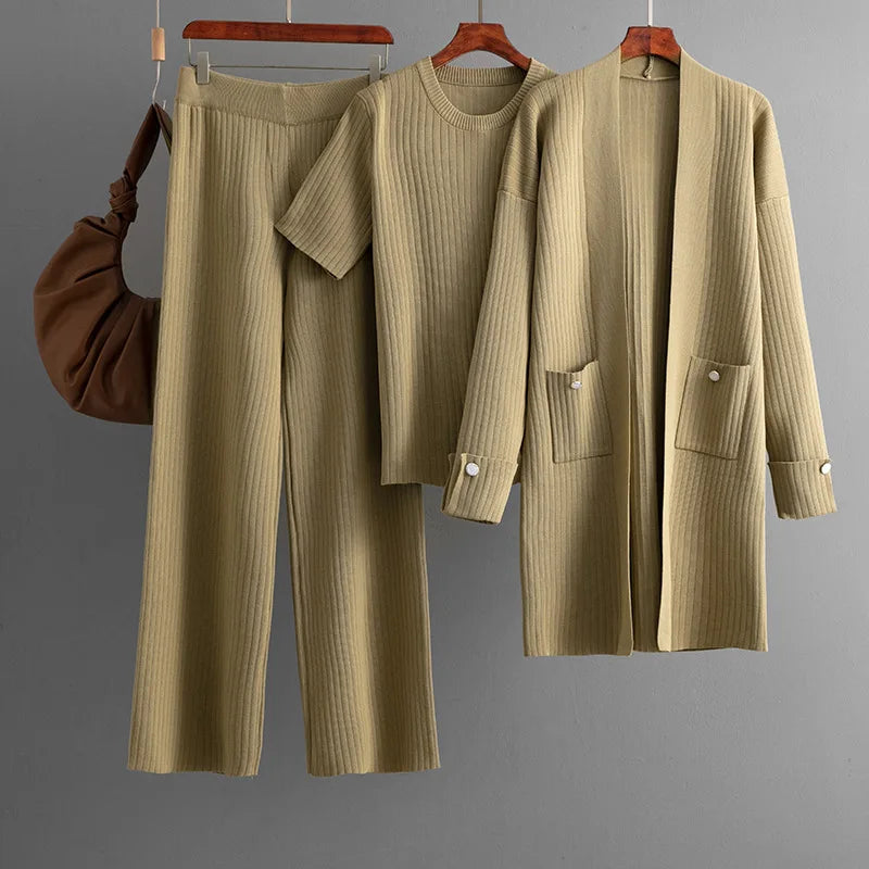 Cashmere Blend Ribbed Knit 3-Piece Set