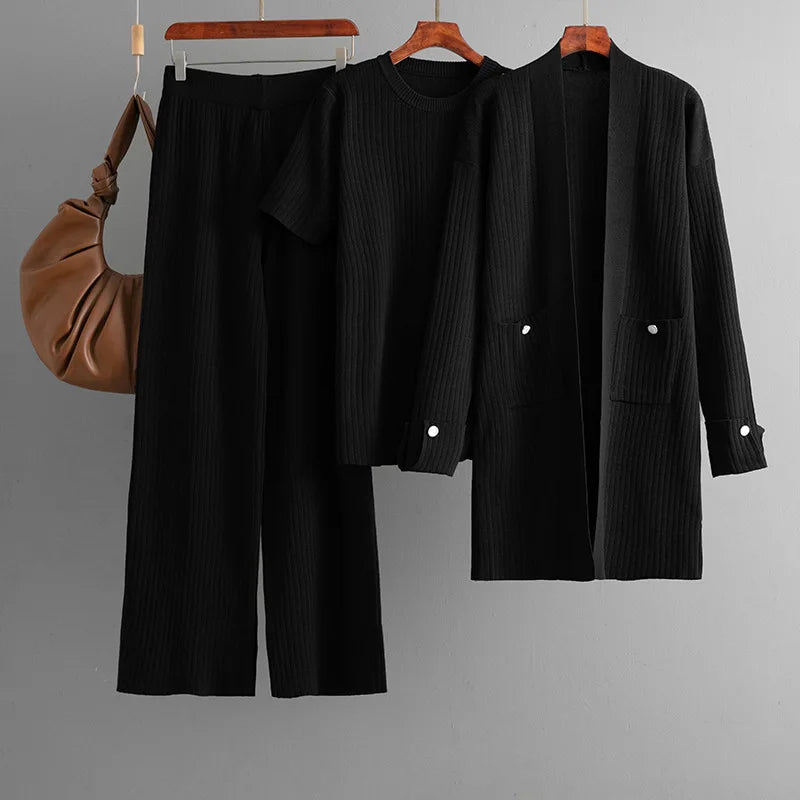 Cashmere Blend Ribbed Knit 3-Piece Set