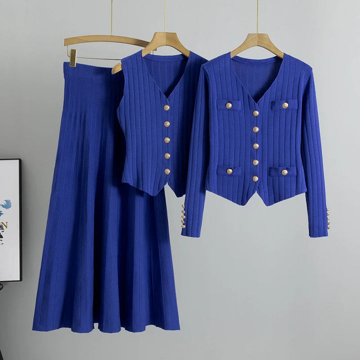 Cashmere Blend Ribbed Knit Skirt 3-Piece Suit