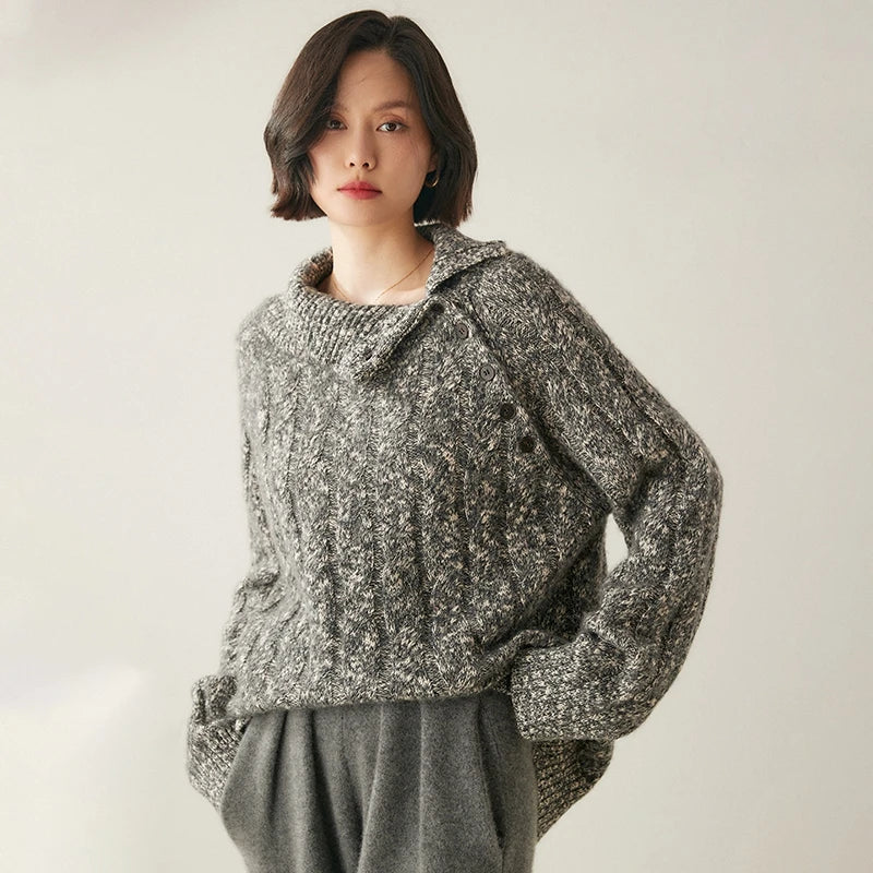Cashmere Cable Knit Button-Collar Sweater