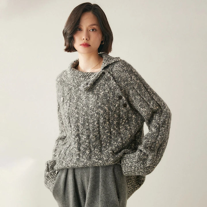 Cashmere Cable Knit Button-Collar Sweater