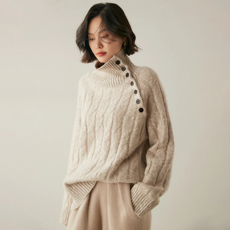 Cashmere Cable Knit Button-Collar Sweater