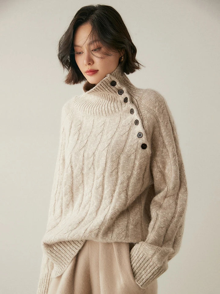 Cashmere Cable Knit Button-Collar Sweater