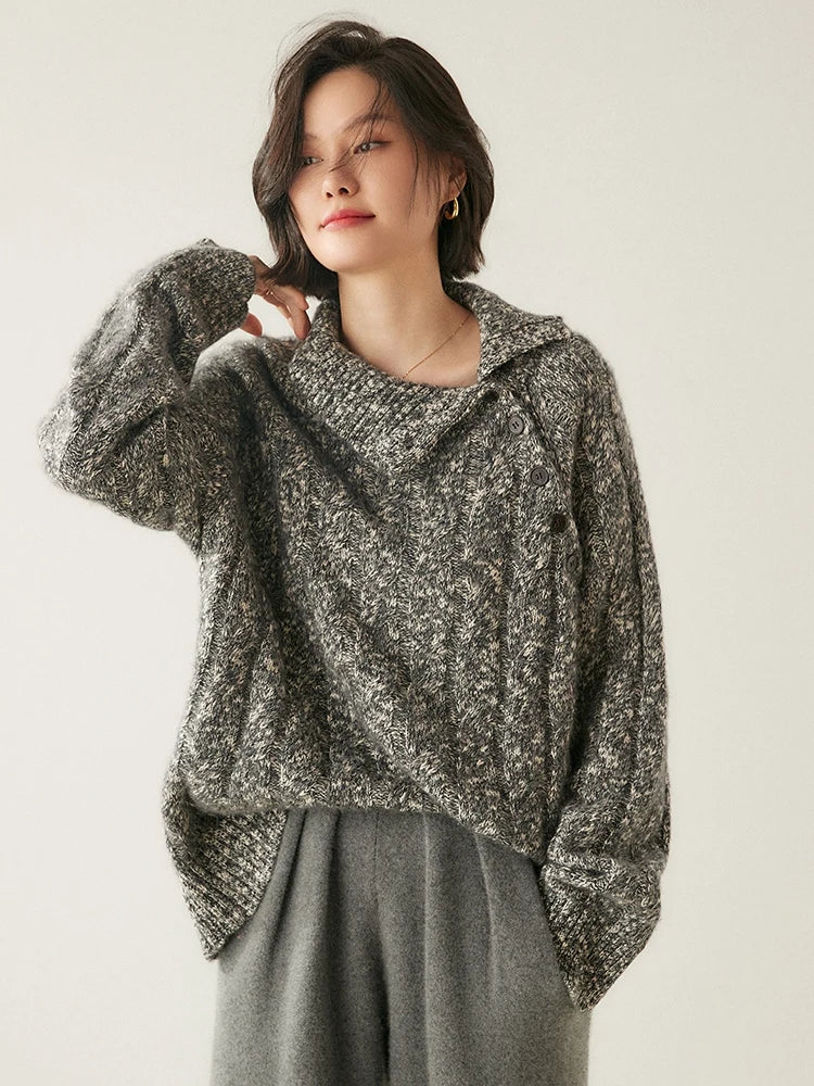 Cashmere Cable Knit Button-Collar Sweater