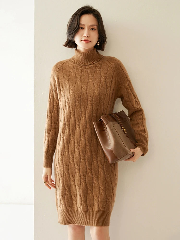 Cashmere Cable Knit Turtleneck Dress