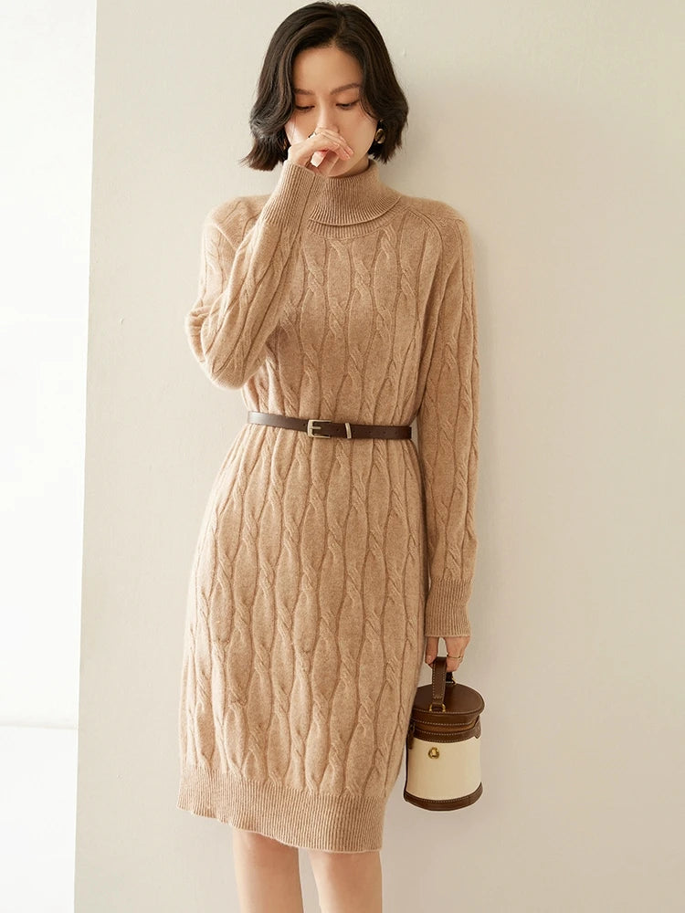 Cashmere Cable Knit Turtleneck Dress