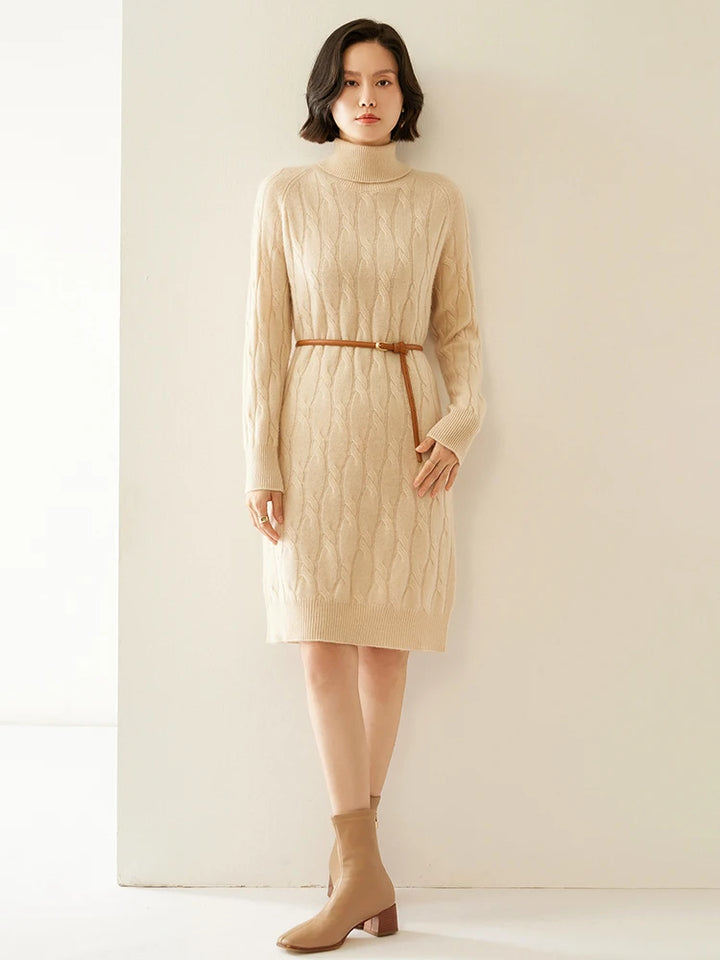 Cashmere Cable Knit Turtleneck Dress