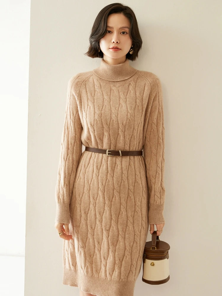 Cashmere Cable Knit Turtleneck Dress