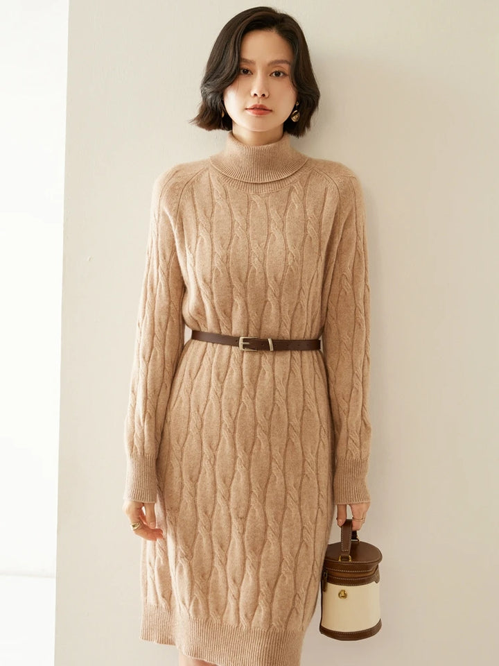 Cashmere Cable Knit Turtleneck Dress