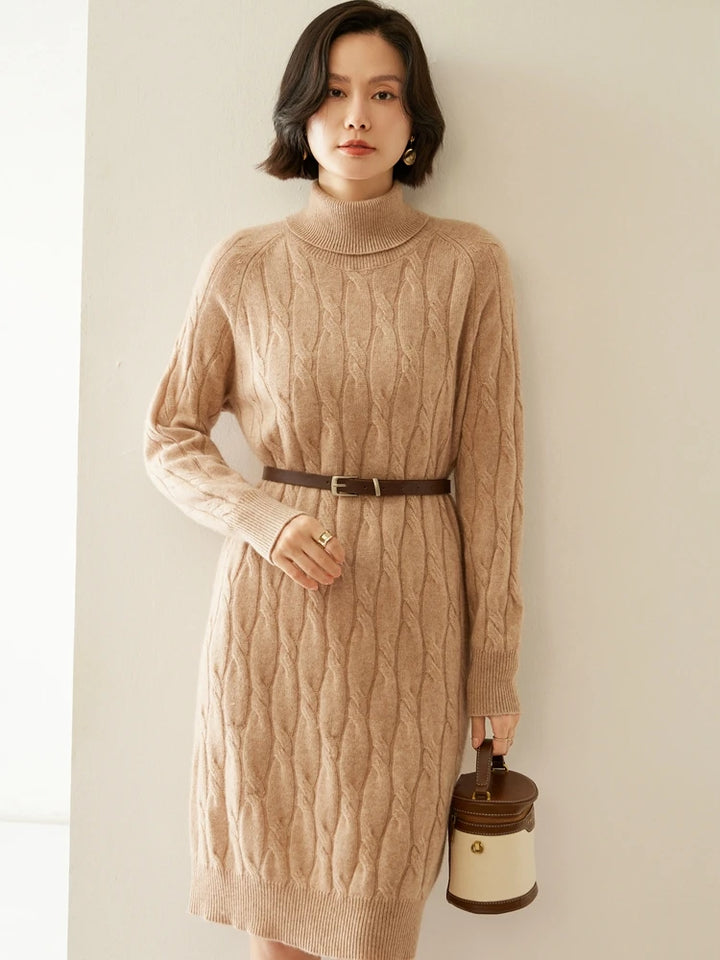 Cashmere Cable Knit Turtleneck Dress