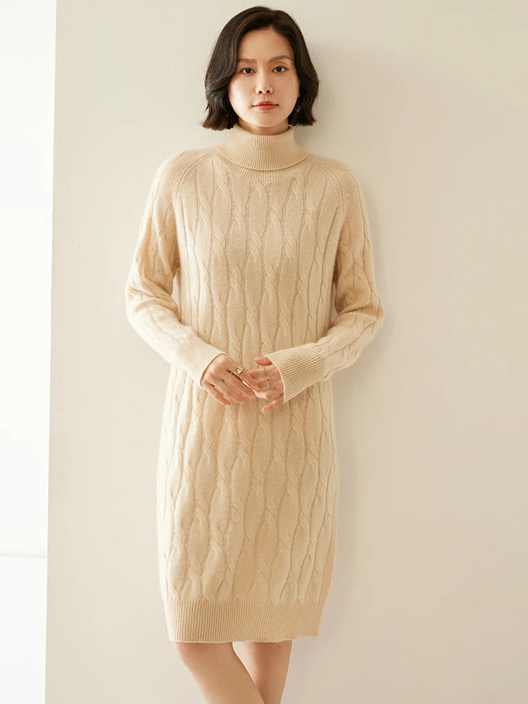 Cashmere Cable Knit Turtleneck Dress