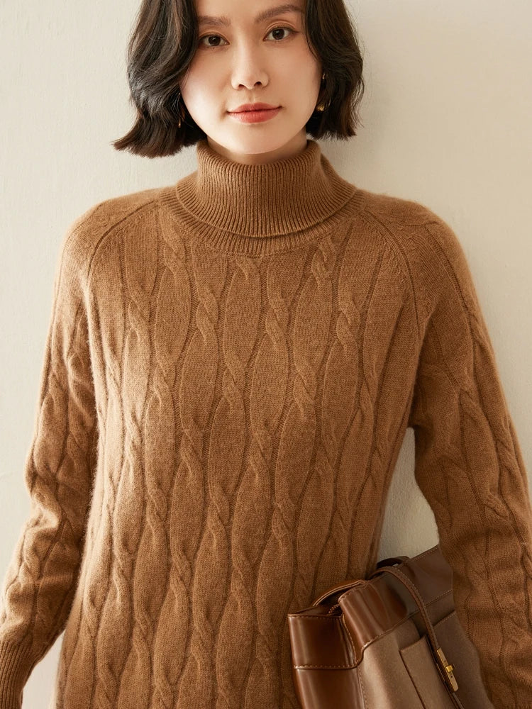 Cashmere Cable Knit Turtleneck Dress