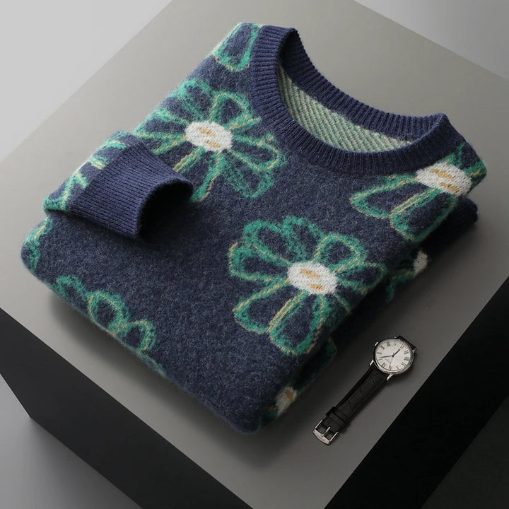 Cashmere Floral Pattern Knit Sweater