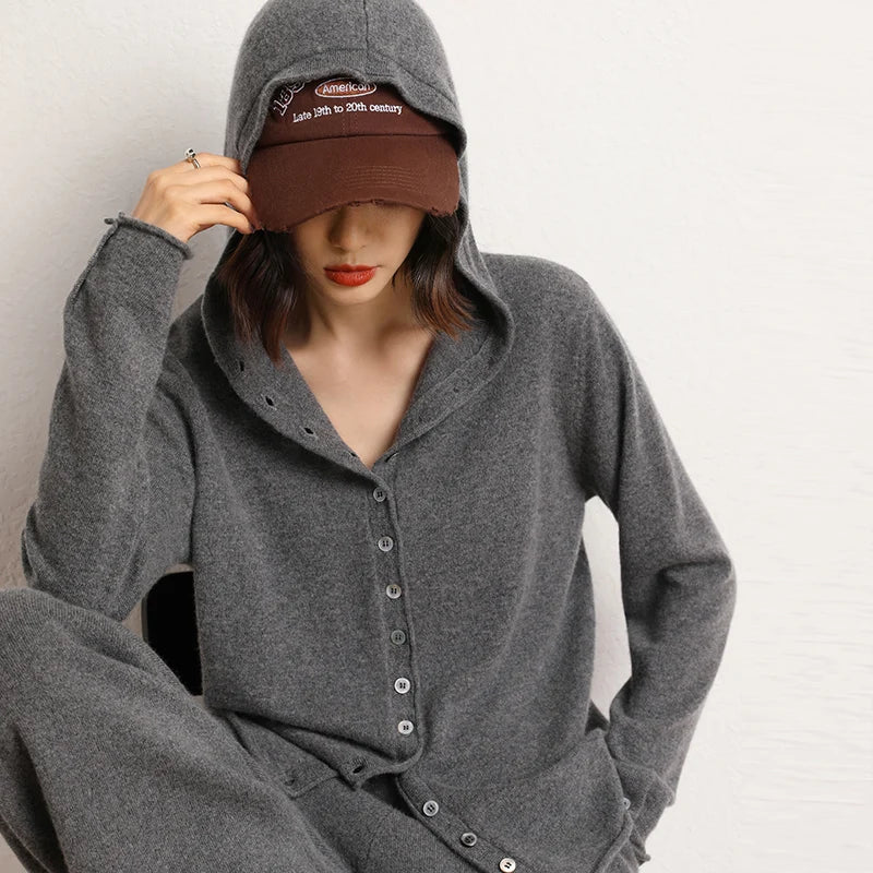 Cashmere Hooded Button Cardigan