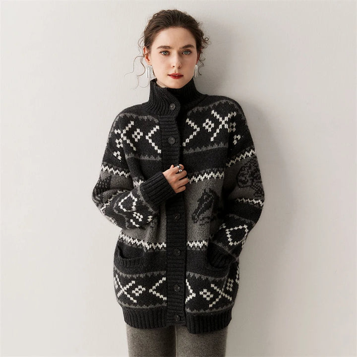 Cashmere Jacquard Stand Collar Cardigan