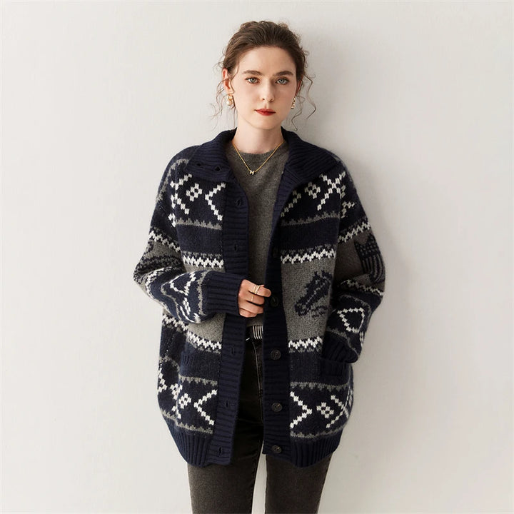 Cashmere Jacquard Stand Collar Cardigan