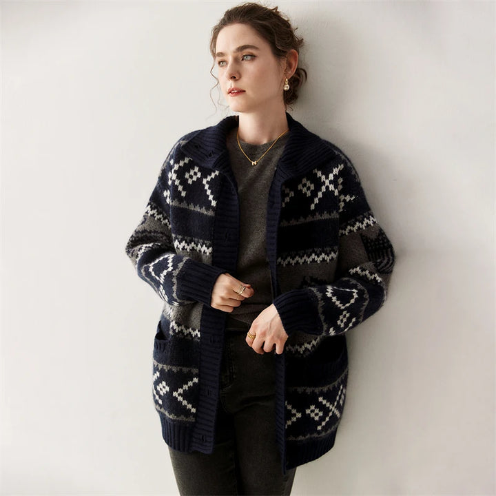Cashmere Jacquard Stand Collar Cardigan