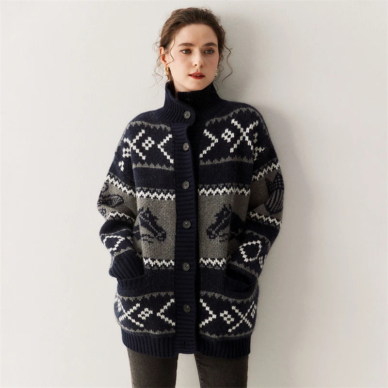  Women's 100% Cashmere Jacquard Stand Collar Cardigan