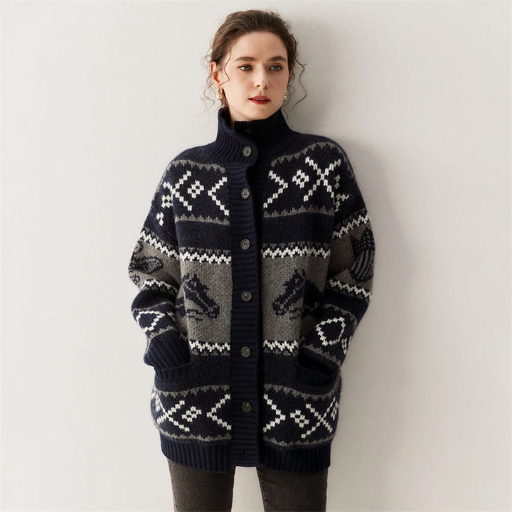  Women's 100% Cashmere Jacquard Stand Collar Cardigan