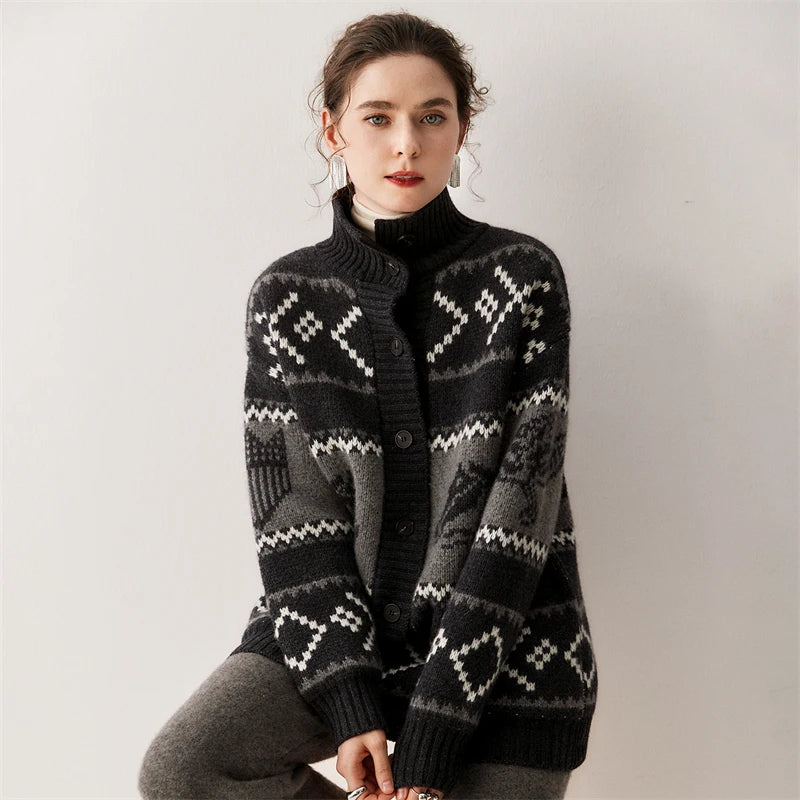 Cashmere Jacquard Stand Collar Cardigan