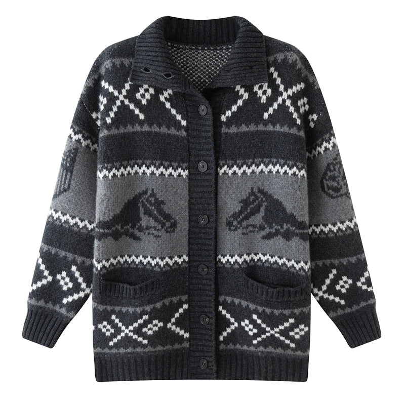 Cashmere Jacquard Stand Collar Cardigan